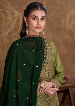 Dreamy Green Embroidered Art Silk Festive Pant Style Suit