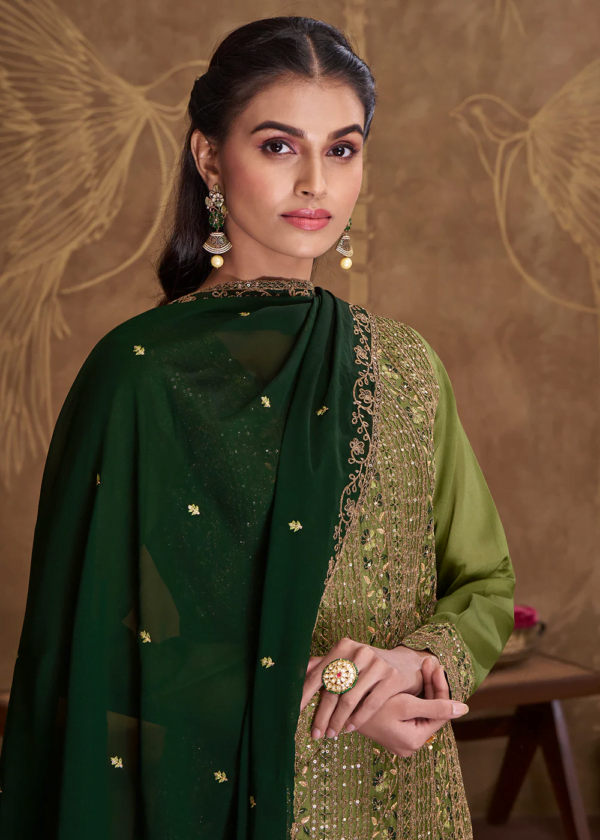 Dreamy Green Embroidered Art Silk Festive Pant Style Suit