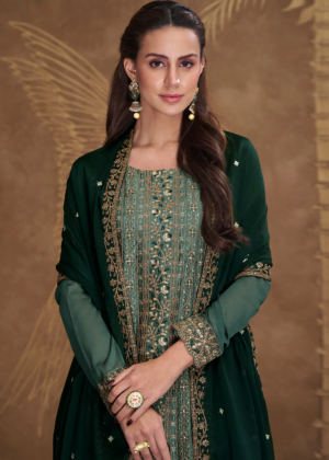 Dreamy Dark Green Embroidered Art Silk Festive Pant Style Suit